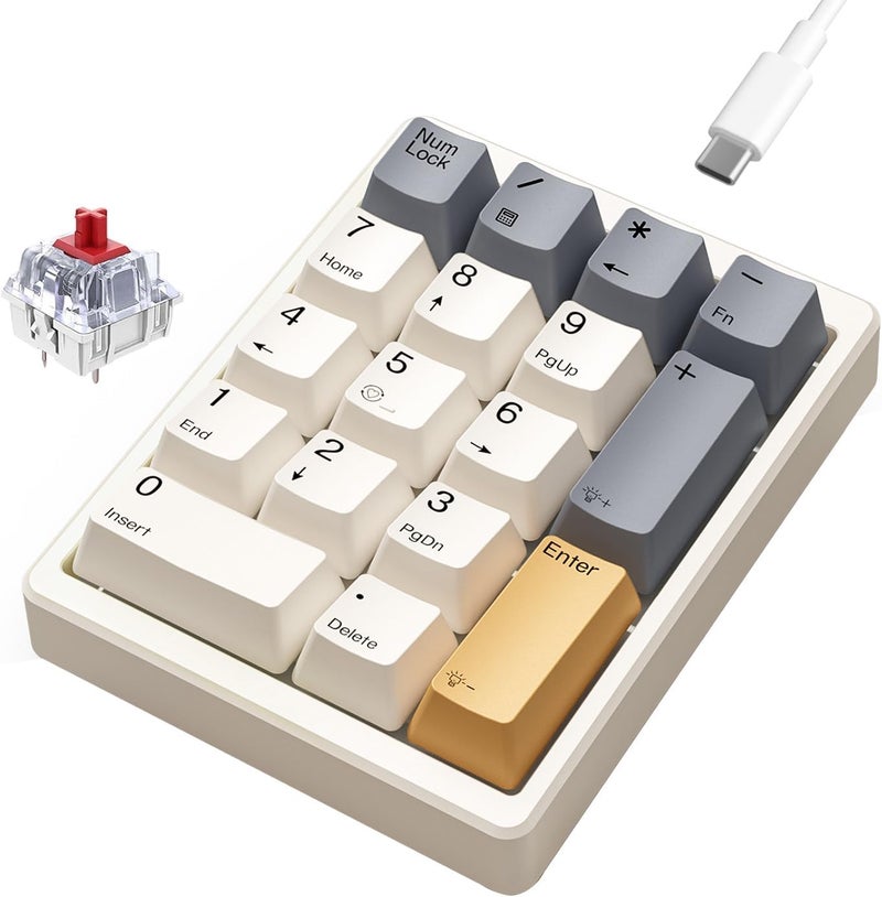 Kisnt Mechanical Number Pad,Hot Swappable Numpad Wired USB 17 Keys Keypad White Backlit Numeric Keypad with PBT Keycaps for Laptop PC Compact Keyboards(Retro Beige, Red Switch) - Image 1